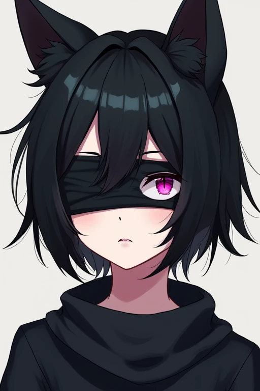 solo, Black Hair, Pink eyes, Diagonal bangs, Straight Hair, Multiple ahoge, Very short hair, Wolf Cut, Bangs in the same direction, Droopy eyes, Blindfold, 