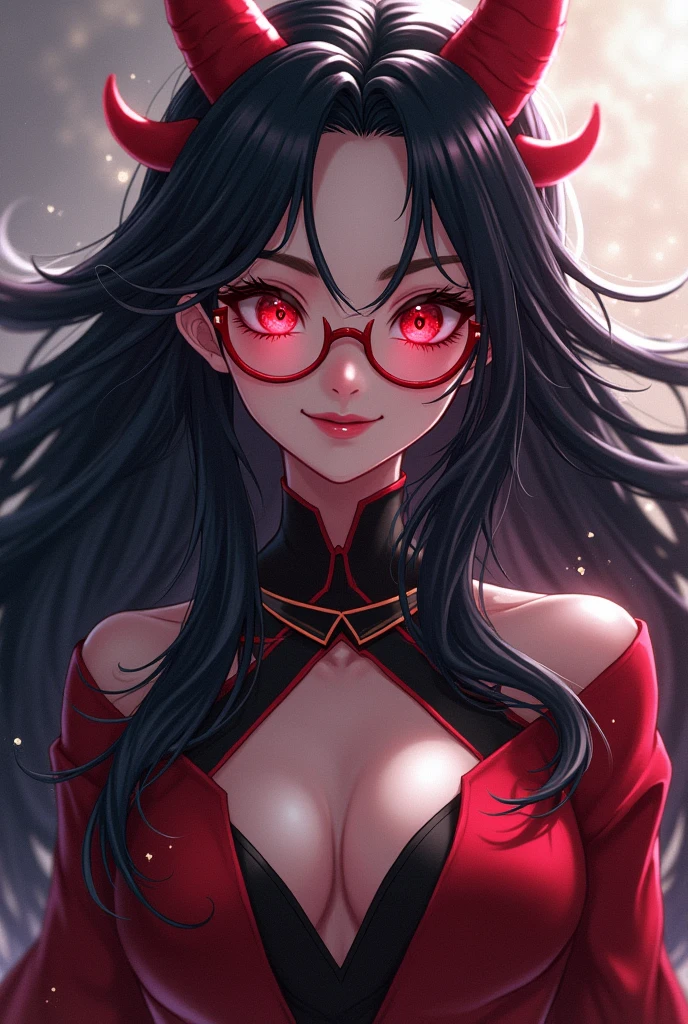 A powerful, ethereal dragon goddess of chaos in her completely human form. She has no horns, wings, or any non-human features. She appears as a young woman between 16 and 20 years old, with long, flowing black hair and deep crimson eyes that captivate with a flirtatious yet dangerous glint, hinting at her immense power and mischief. Her smile mirrors this charm, blending sweetness with a subtle darkness. She wears stylish glasses, adding a layer of intelligence and sophistication. Her attire is modern and sleek, reminiscent of Hatsune Miku's futuristic style, while her aura exudes the superiority and confidence of Kaguya Shinomiya. The art style is inspired by Genshin Impact, with intricate details, a soft, magical atmosphere, and no fantasy elements like horns or wings, only pure human elegance and chaos.