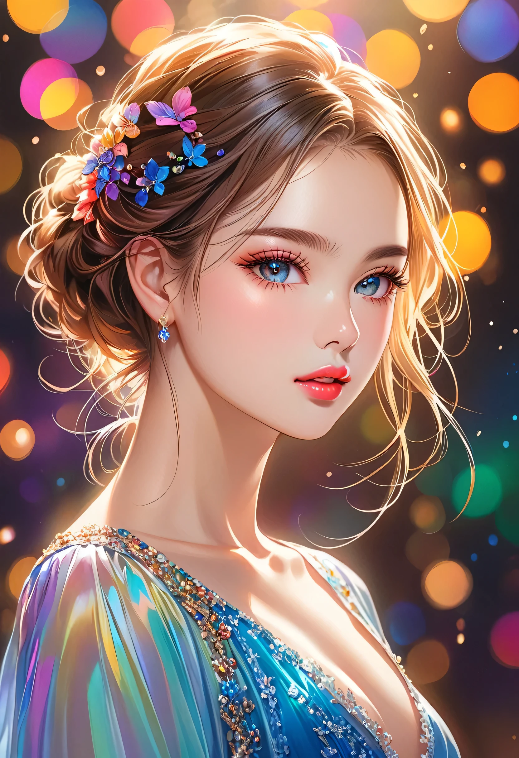 (best quality, highres, realistic:1.37), vivid colors, studio lighting, portraits, bokeh, oil painting, detailed eyes and face, beautiful detailed lips, long eyelashes, youthful appearance, energetic pose, dynamic movement, stage performance, solo performance, minimalist style, colorful clothes, vibrant background, dreamy lighting. anatomical correct:2