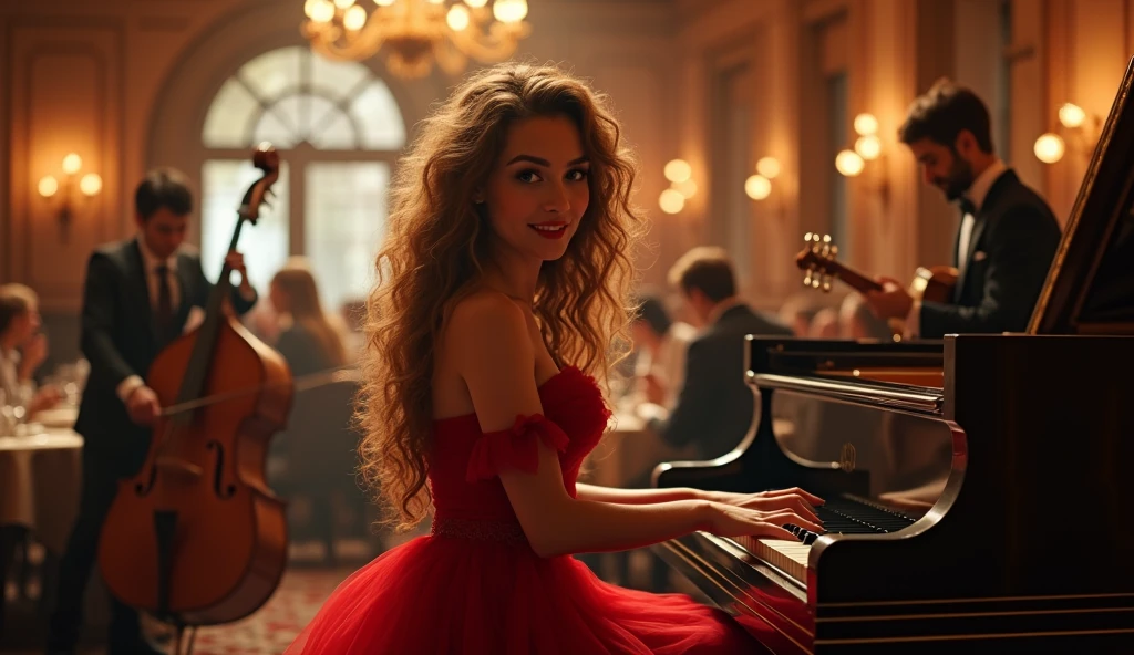 In a luxurious high-end steakhouse，There is a player grand piano with wooden accents and ornate chandeliers，Customers enjoying delicious food。Waiters shuttle among them。A young female pianist is playing jazz，She has long golden curly hair，There is a sea on the forehead，She was wearing a red evening gown with off-the-shoulder shoulders，Her smile is bright and warm。Next to the piano there is a double bass player and a guitarist，The surrounding air is filled with warm, cinematic tones，Shallow and deep field blurs elegantly compose images，Perfectly capturing the sophisticated ambience of this high-end dining venue。