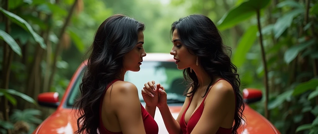 Two very sexy indian women rivals look like bollywood celebrities both have nice curvy bodies,both women hating each other staring hatefully each other angrily,both standing so close to each other,car  parked in heavy jungle ,both bodies pressed together, pulling each other hair ,both rivals want catfight 