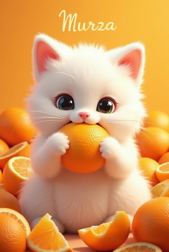 White fluffy cat in tangerines, who eats tangerines, with the inscription Murza