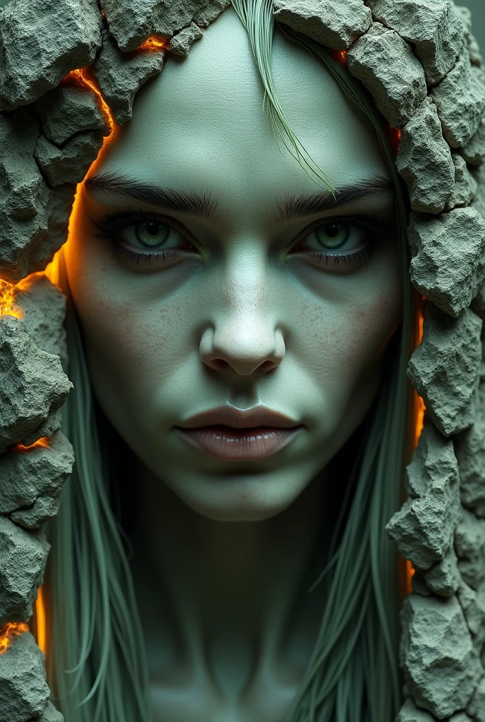 Surrealism, face, statue, cracks, molten gold in cracks, very old sorceress, green algae, silver hair, black eyes, wrinkles
