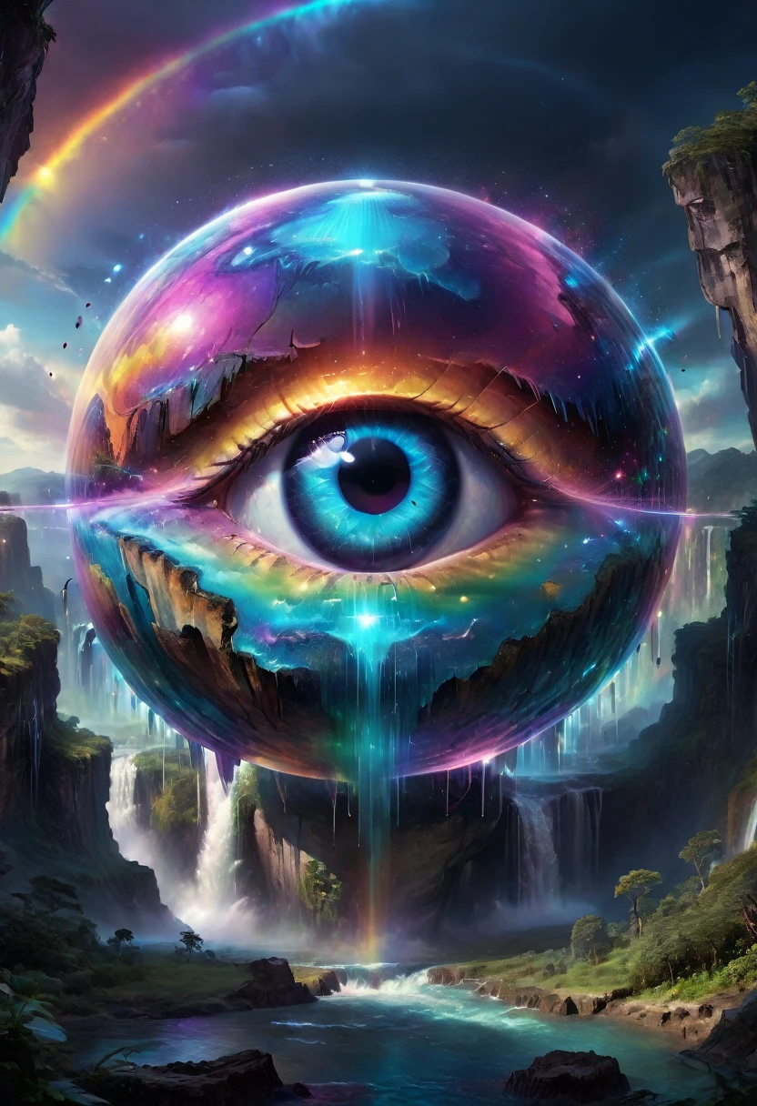 a massive ominous planet with a evil eye in the center looming over the horizon of a magical world filled with vivid radiant waterfalls and towering rainbow gradient crystal structures