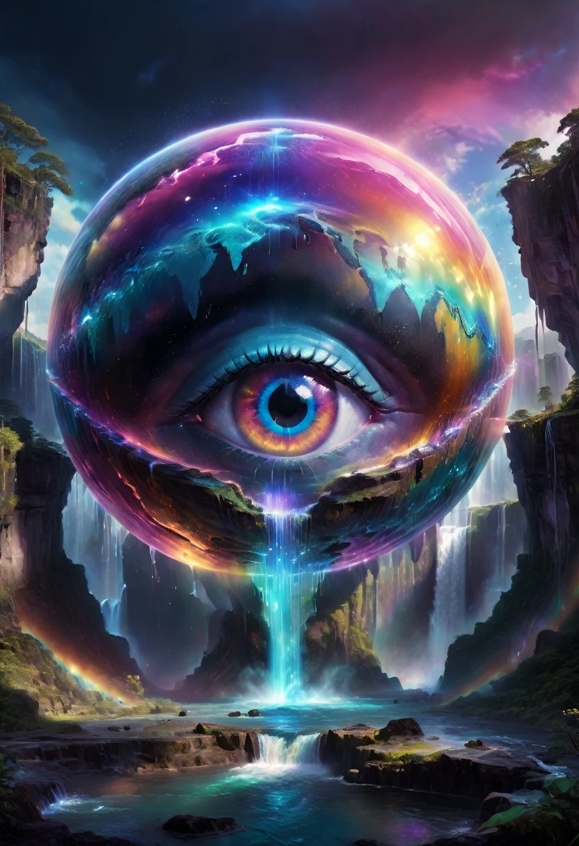 a massive ominous planet with a evil eye in the center looming over the horizon of a magical world filled with vivid radiant waterfalls and towering rainbow gradient crystal structures 