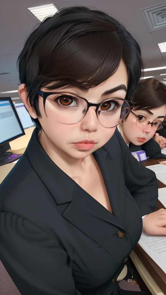 Woman, 4, big round brown eyes, oval face, small nose, big mouth, very short black hair, wearing glasses, formal clothes, working in an office
