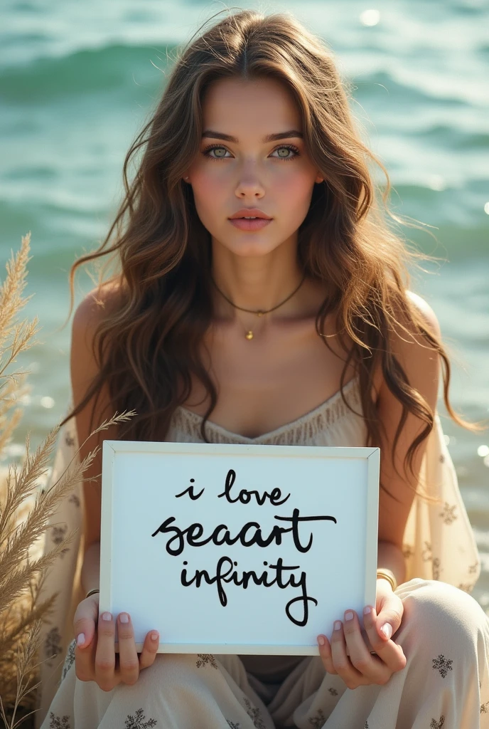 Beautiful girl with wavy long hair, bohemian dress, holding a white board with text "I Love Seaart Infinity" and showing it to the viewer