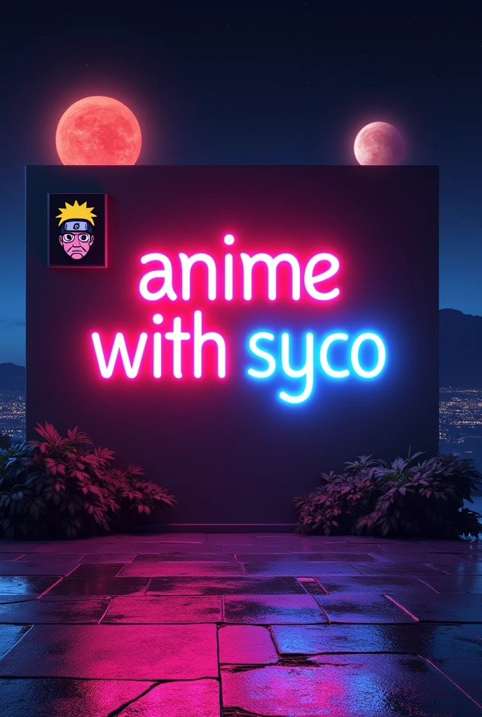 Create a background Name 'Anime with syco' written in neon colour wall colour neon and black and two
Planets and back picture of obito uchia in small size in side of wall with mask