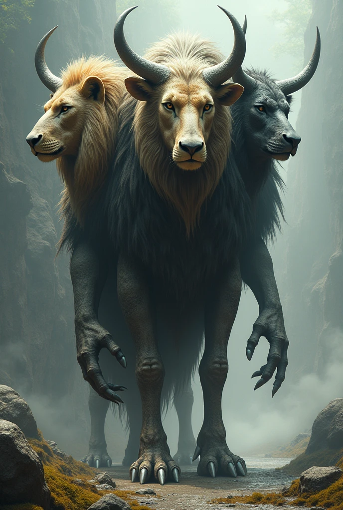 Huaman with four faces 
One face of a  lion
One face of a  Ox
One face of a eagle
One face of a man
straight legs with hooves