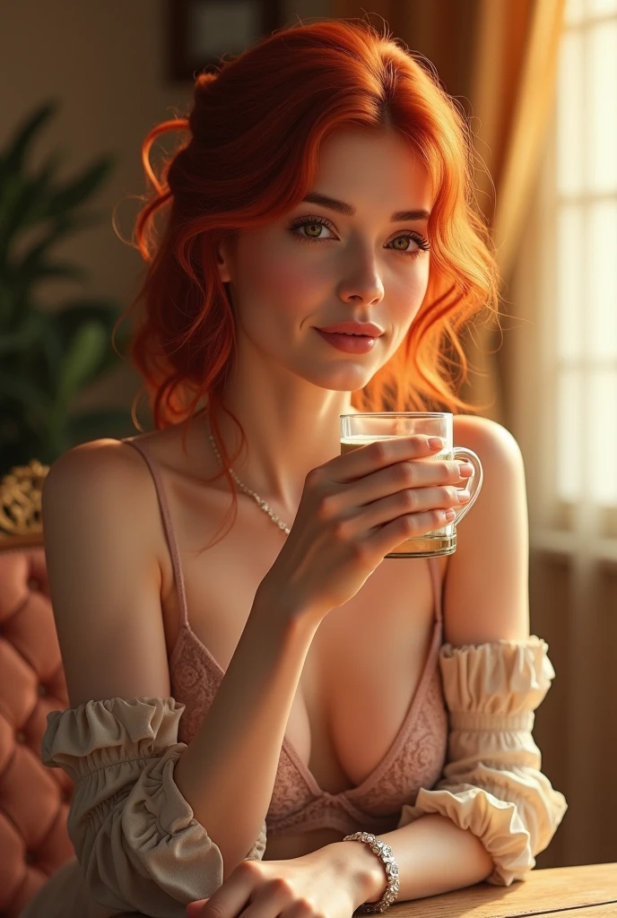 ((red-haired woman)), ((eyes browns)), ((Polish ethnicity:)), ((sippin), ((Classic interior design)), comfortable seats, sunlight streaming through windows, Elegant and timeless atmosphere, delicate details), ((subtle smile)), (natural beautiful), (feminine charm), warm color tones:1.1), (softfocus:1.2), (realistic lighting), bra in hand, moderated background conversation, (Well-crafted details), (nostalgic feel:), (homey and inviting),