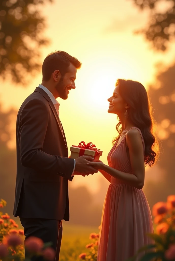 I am Stand with a gift for my girlfiend front of girlfrind and sunshine