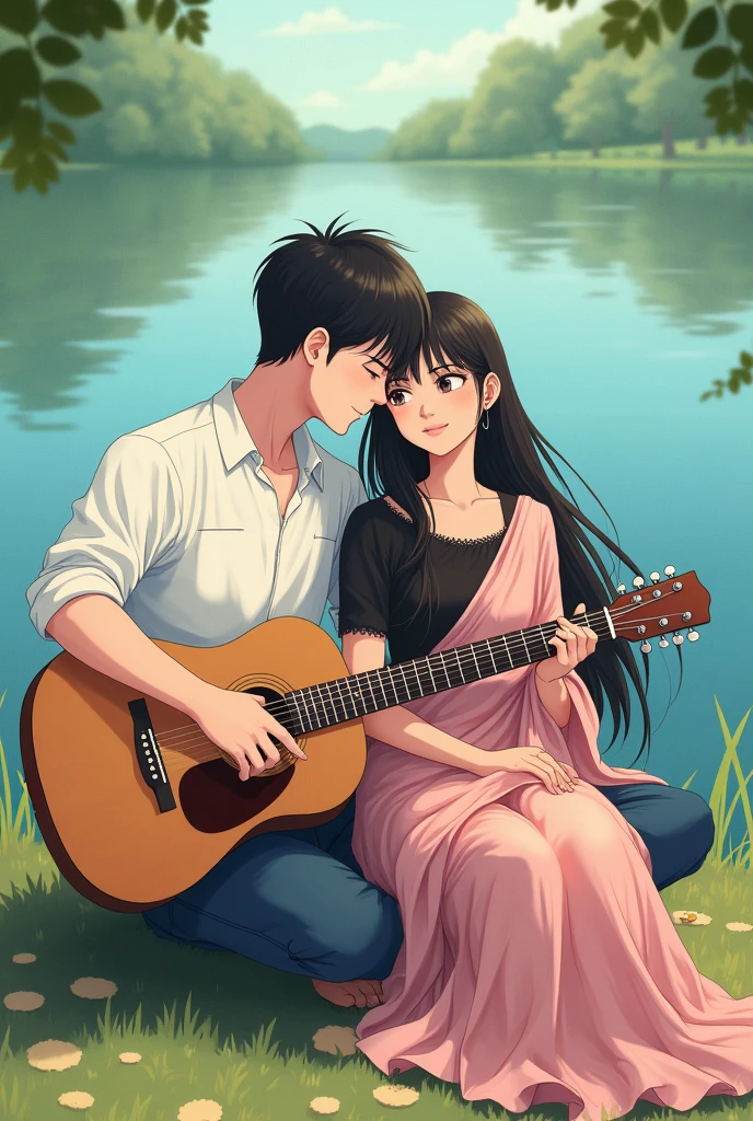 (Photo of backside) ( anime photo) A man and woman sitting next to a lake, man playing guitar, woman wearing soft pink georgette printed shari,black blouse, long hair, woman's head on man's shoulder, man wearing a white shirt with thin horizontal blue stripe