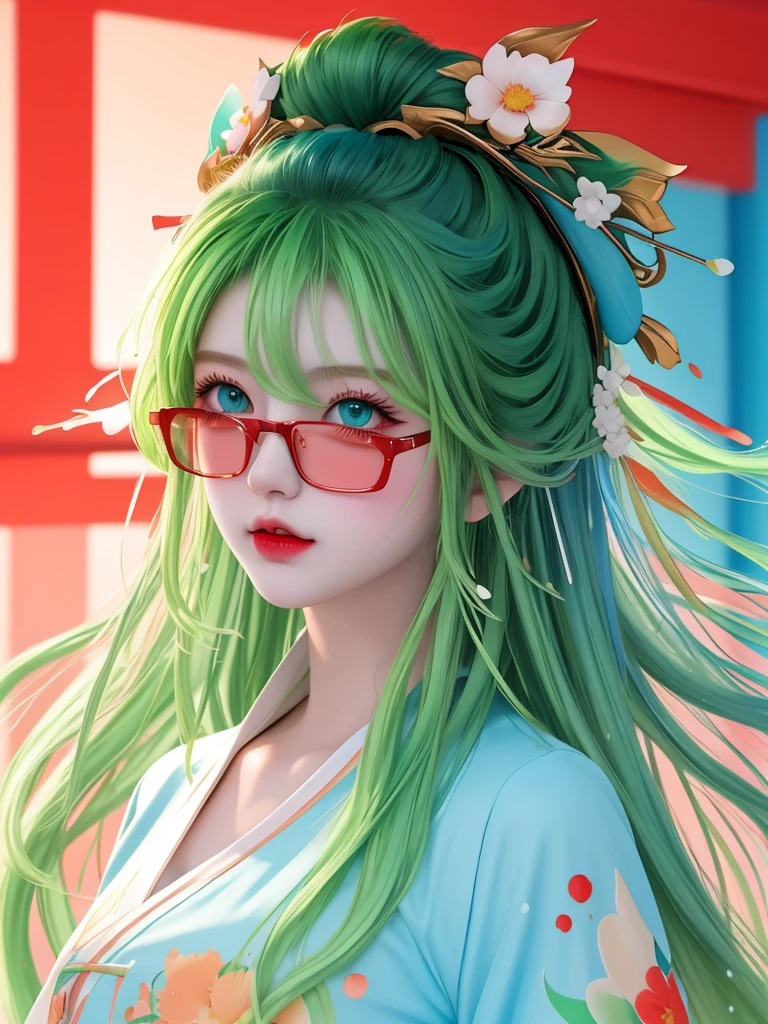 masterpiece, best quality, high resolution), Anime style, ((Splash of Color, Ink splash, Splash of Color)), Sweet Chinese girl, Long 绿色 hair, [green] hair, Light blue eyes，Red half frame glasses，Super huge ，Curly hair, flash, Peach Lips, White shirt, front, Upper Body