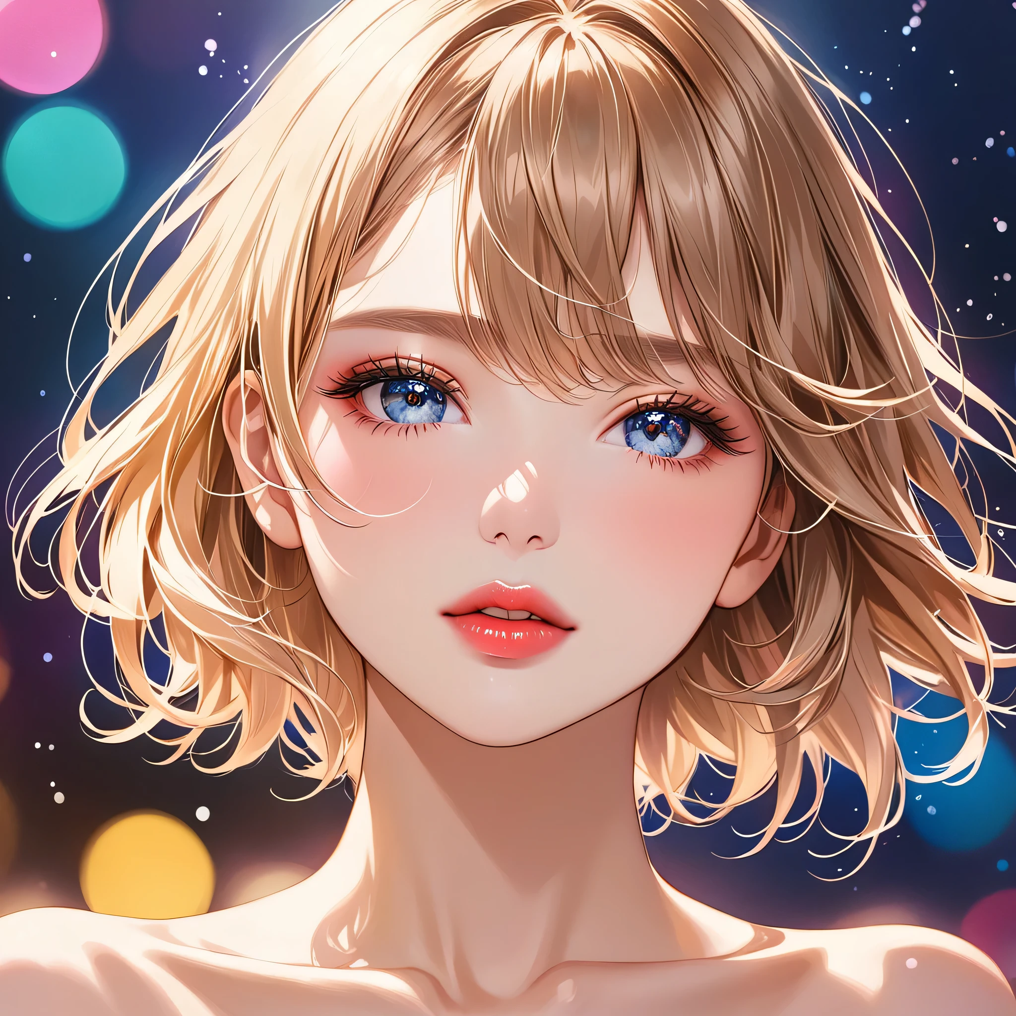 Mika Pikazo style, (best quality, highres, realistic:1.37), vivid colors, studio lighting, portraits, bokeh, oil painting, detailed eyes and face, beautiful detailed lips, long eyelashes, youthful appearance, energetic pose, dynamic movement, stage performance, solo performance, minimalist style, colorful clothes, vibrant background, dreamy lighting. anatomical correct:2, ((Lips in love)),