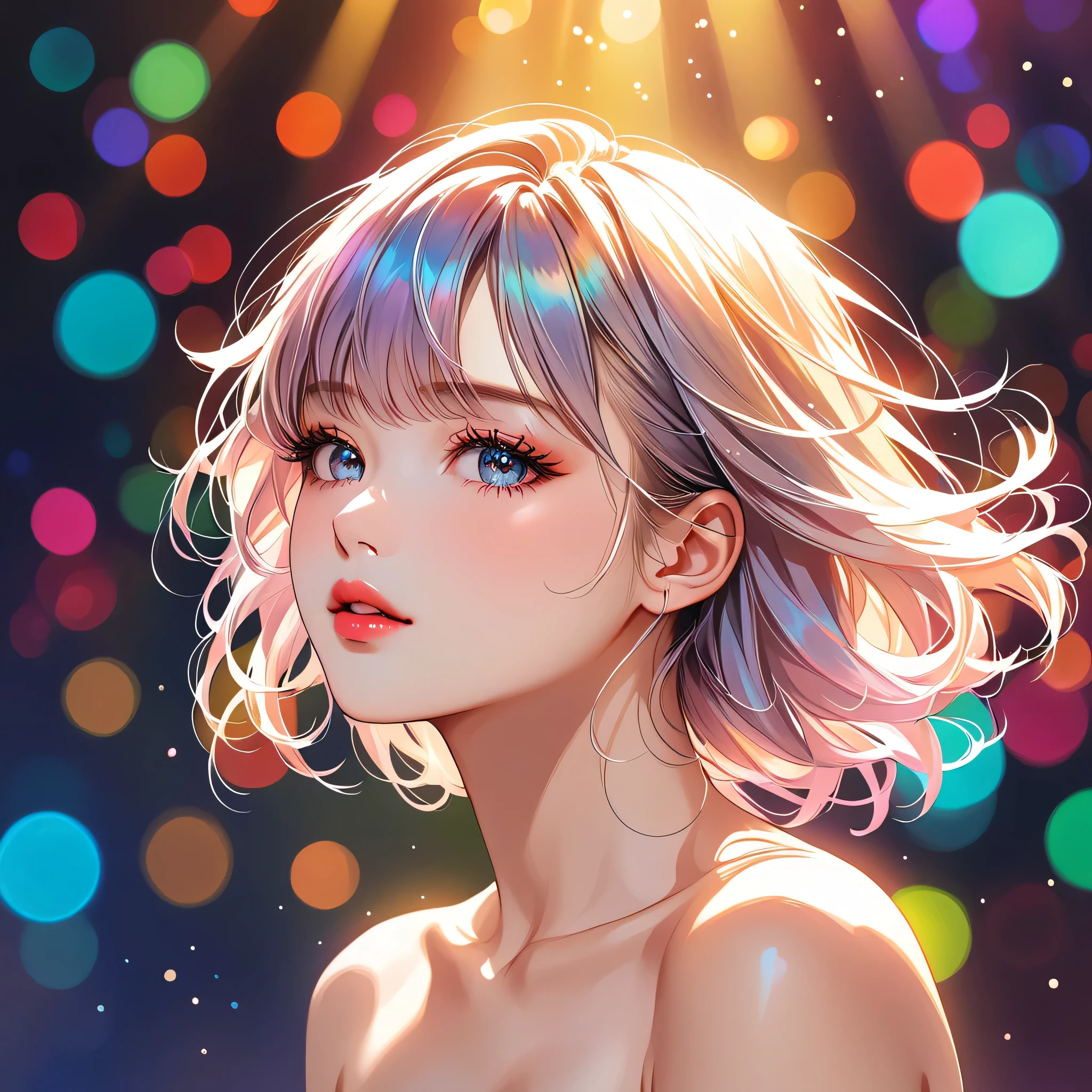 Mika Pikazo style, (best quality, highres, realistic:1.37), vivid colors, studio lighting, portraits, bokeh, oil painting, detailed eyes and face, beautiful detailed lips, long eyelashes, youthful appearance, energetic pose, dynamic movement, stage performance, solo performance, minimalist style, colorful clothes, vibrant background, dreamy lighting. anatomical correct:2, ((Lips in love)),