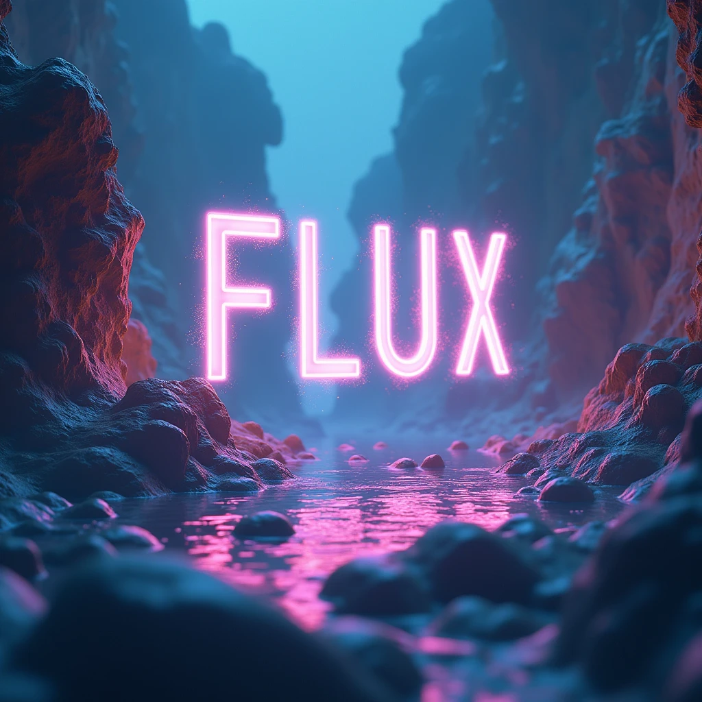 Poster font，The word &quot;FLUX&quot; floats in the air，uppercase letter，Luminous scene，front，Surreal