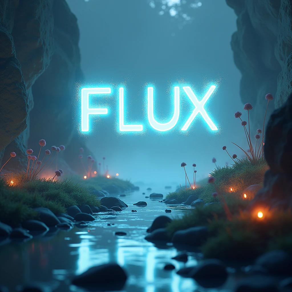 Poster font，The word &quot;FLUX&quot; floats in the air，uppercase letter，Luminous scene，front，Surreal