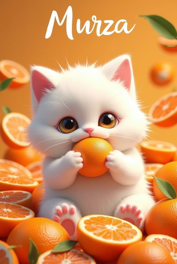 White fluffy cat in tangerines, who eats tangerines, with the inscription Murza