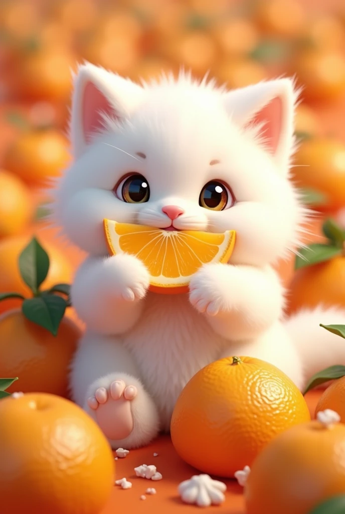 White fluffy cat in tangerines, who eats tangerines, with the inscription Murza