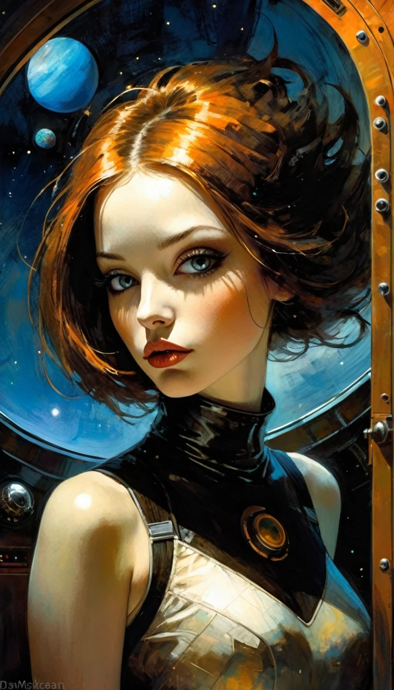sexy girl, astronaut, dressed as an astronaut, in spaceship, perfect ass, bay window with views of planets and stars, (best quality, 4k, 8k, high resolution, masterpiece: 1.2), ultra-detailed, (realistic, photorealistic, photorealistic : 1.37), intricate details, vivid colors, sharp focus, professional, Dave McKean artwork, surreal oil touch, oil painting style, portrait, woman, beautiful detailed eyes, beautiful detailed lips, dreamlike atmosphere, game of shadows, soft lighting, fun pose, dark tones, ethereal background, fantasy elements, texture, layered composition., art inspired by Bill Sienkiewicz and Dave McKean