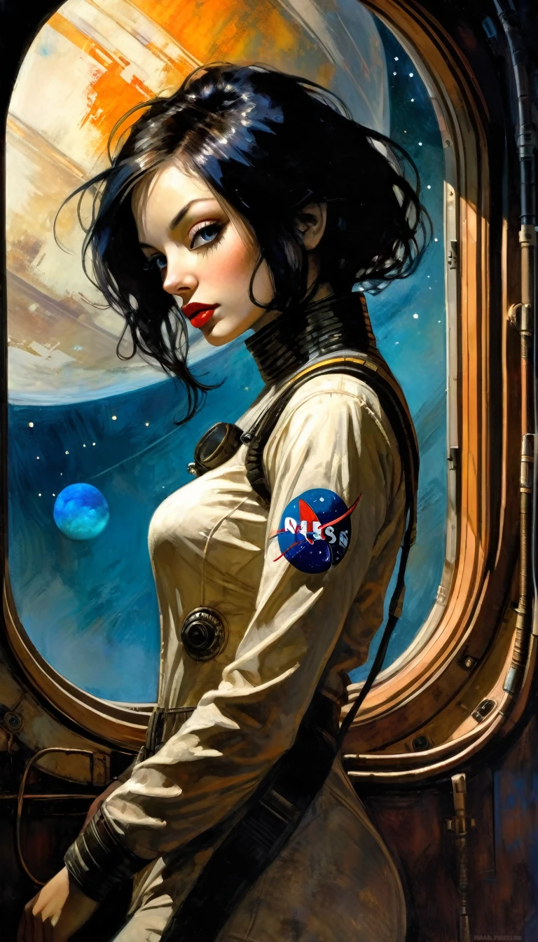 sexy girl, astronaut, dressed as an astronaut, in spaceship, perfect ass, bay window with views of planets and stars, (best quality, 4k, 8k, high resolution, masterpiece: 1.2), ultra-detailed, (realistic, photorealistic, photorealistic : 1.37), intricate details, vivid colors, sharp focus, professional, Dave McKean artwork, surreal oil touch, oil painting style, portrait, woman, beautiful detailed eyes, beautiful detailed lips, dreamlike atmosphere, game of shadows, soft lighting, fun pose, dark tones, ethereal background, fantasy elements, texture, layered composition., art inspired by Bill Sienkiewicz and Dave McKean
