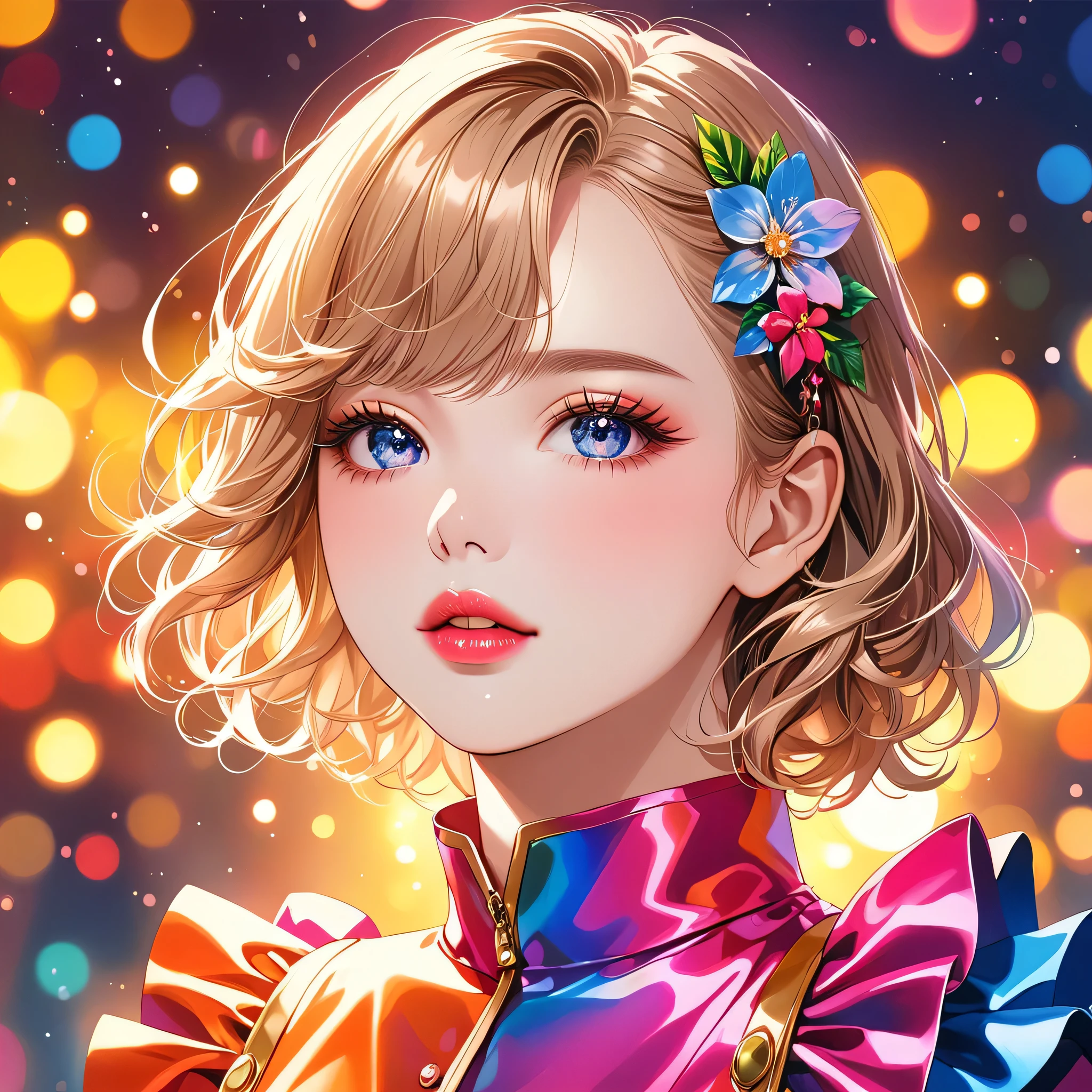 Mika Pikazo style, (best quality, highres, realistic:1.37), vivid colors, studio lighting, portraits, bokeh, oil painting, detailed eyes and face, beautiful detailed lips, long eyelashes, youthful appearance, energetic pose, dynamic movement, stage performance, solo performance, minimalist style, colorful clothes, vibrant background, dreamy lighting. anatomical correct:2, ((Lips in love)),