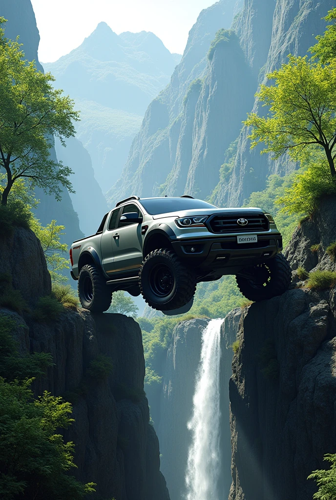 Toyota vigo in downfall position in mountain with water fall and trees without number plate