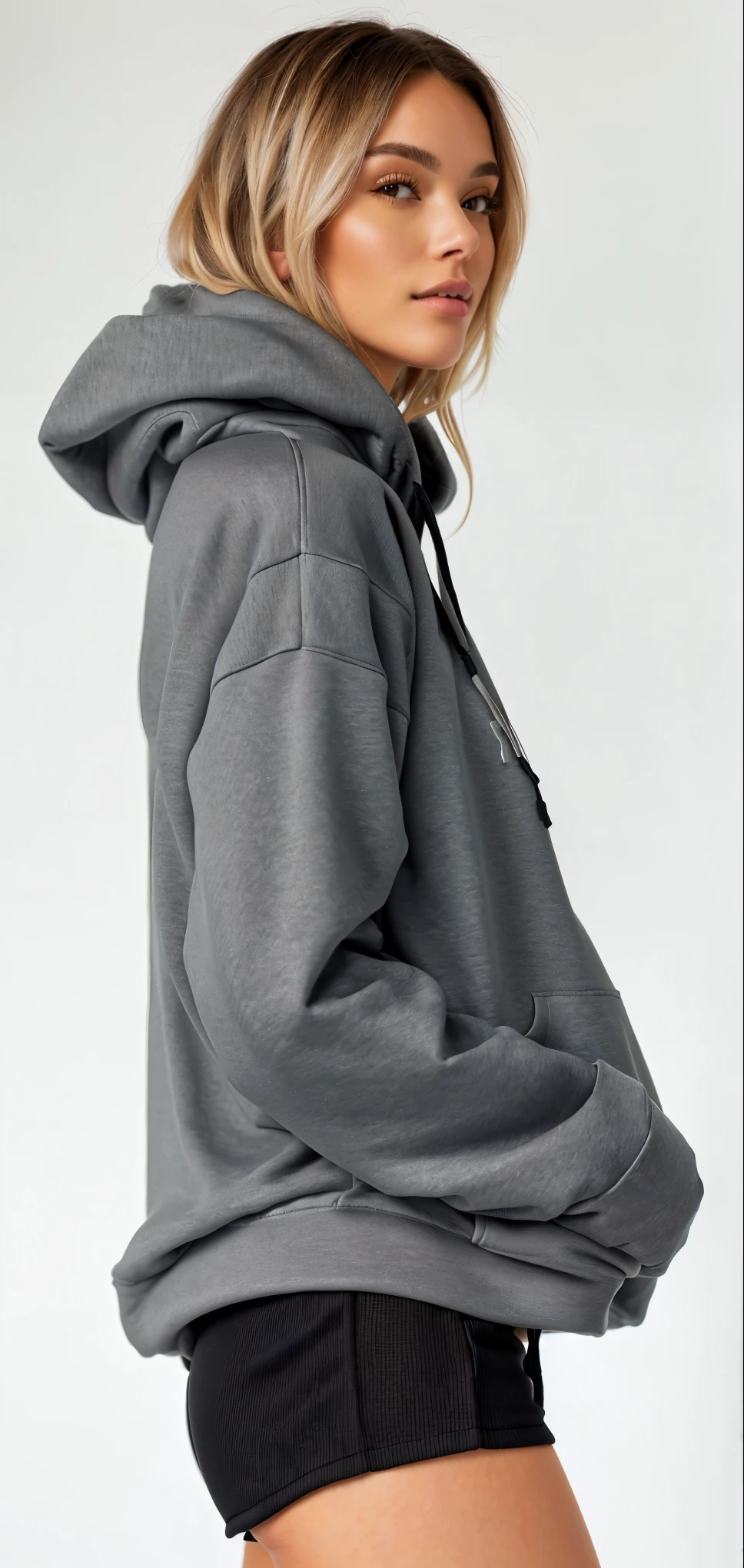 a woman in a gray hoodie and black shorts posing for a picture, girl wearing hoodie, gray hoodie, wearing hoodie, wearing an oversized hoodie, grey hoodie, oversized hoodie, in a hoodie, hodie mihi cras tibi, oversized, wearing a hoodie, hoodie, grey hoodie opened, in a black hoodie, dark grey, wearing a hoody, wearing sweatshirt