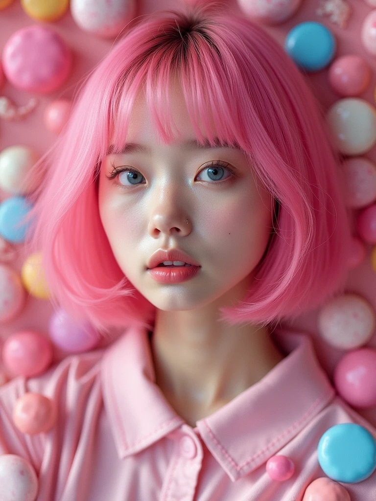 real photograph, Jpop girl that has a y2k vibe with pink bob hair and surrounded by candy, pretty face, 