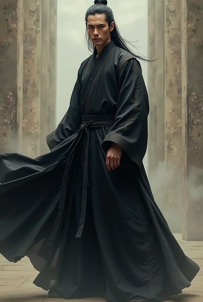 Chinese man with strong face and slanted eyes with long straight black hair wearing black silk kung fu clothes