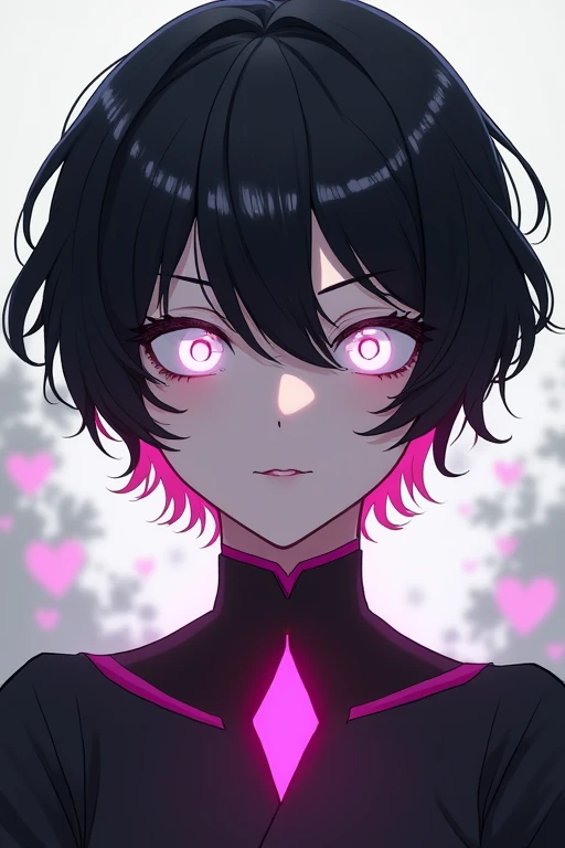 bangs, Droopy eyes, Three white eyes, Black Hair, 斜めbangs, Natural Curl, Inner Color, Very short hair, Simple Background, Background Blur, Japanese illustration style, male,Mash Hair,Pink Eyes,Collar hair,ピンク色のInner Color,ピンクのCollar hair,Pink nape