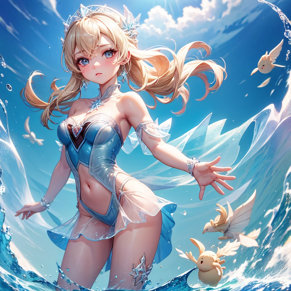 (best quality, masterpiece), 1 girl, full body, looking at the viewer,Beach, elsa,frozen,Transparent clothes, cute small face, extra Dense and large breasts , white background