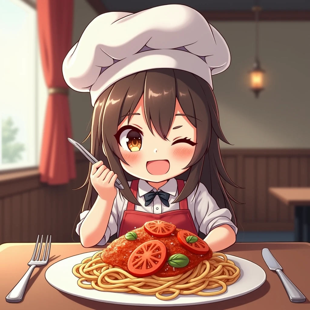 (((table top))), best quality, very detailed, (Chef&#39;s uniform:1.2), (Chef&#39;s hat), (((Young woman too))), (((alone))), be happy, (((Eat a big tomato pasta dish))), ((full body)), Ahoge, (((disabled))), (((Chibi characters))), ((((Italian restaurant))),,