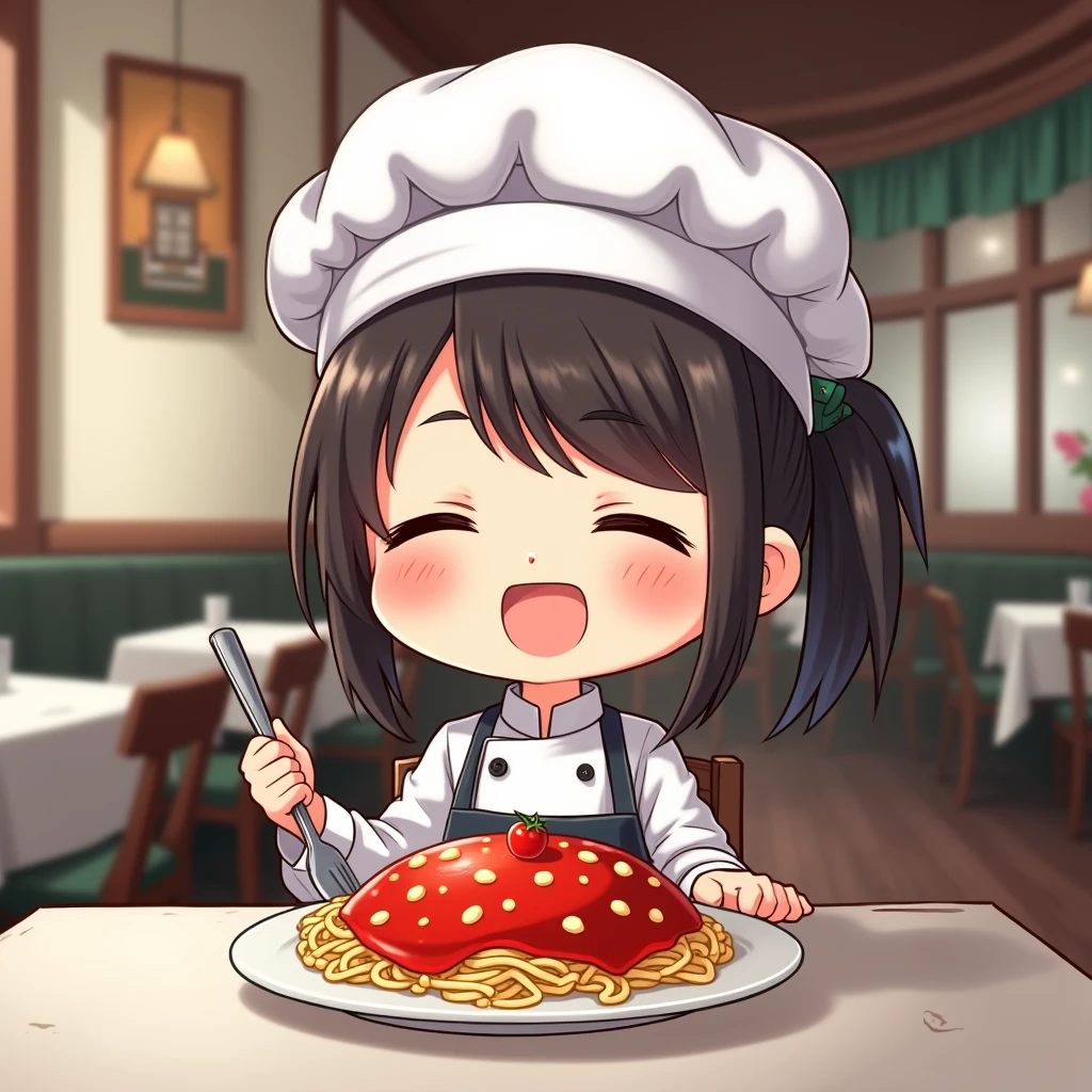 (((table top))), best quality, very detailed, (Chef&#39;s uniform:1.2), (Chef&#39;s hat), (((Young woman too))), (((alone))), be happy, (((Eat a big tomato pasta dish))), ((full body)), Ahoge, (((disabled))), (((Chibi characters))), ((((Italian restaurant))),,