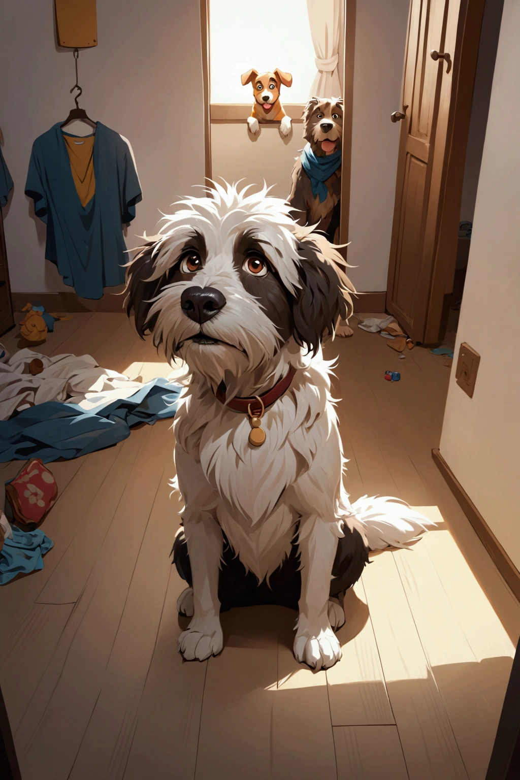 there is a dog cartoon charater in disney style that is sitting on the floor in the room, scruffy looking, looking straight to camera, by Romain brook, by Emma Andijewska, looking straight to the camera, selfie of a dog, his hair is messy and unkempt, retired barney, cute furry needs your help, portrait zeus, by Petr Brandl, looking smug
