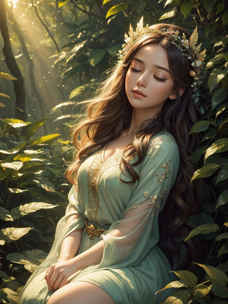 A beautiful girl sitting in a lush forest, her eyes closed as she dreams of having wings and flying free through the sky, detailed delicate features, long eyelashes, flowing hair, serene expression, ornate floral headpiece, ethereal forest scenery, sunlight filtering through the leaves, butterflies fluttering nearby, (best quality, 4k, 8k, highres, masterpiece:1.2), ultra-detailed, (realistic, photorealistic, photo-realistic:1.37), digital art, fantasy, magical realism, warm color palette, soft lighting