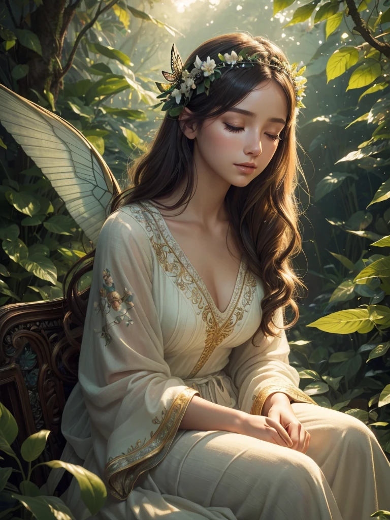 A beautiful girl sitting in a lush forest, her eyes closed as she dreams of having wings and flying free through the sky, detailed delicate features, long eyelashes, flowing hair, serene expression, ornate floral headpiece, ethereal forest scenery, sunlight filtering through the leaves, butterflies fluttering nearby, (best quality, 4k, 8k, highres, masterpiece:1.2), ultra-detailed, (realistic, photorealistic, photo-realistic:1.37), digital art, fantasy, magical realism, warm color palette, soft lighting