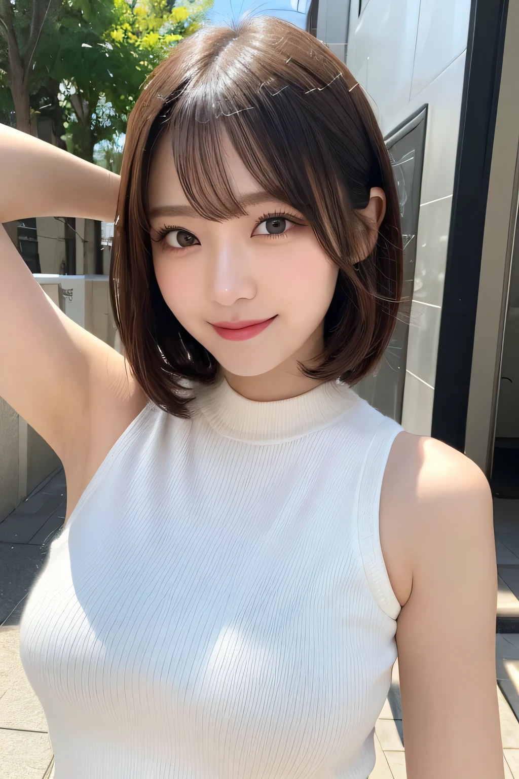 masutepiece, Best Quality, Illustration, Ultra-detailed, finely detail, hight resolution, 8K Wallpaper, Perfect dynamic composition, Beautiful detailed eyes, Women's Fashion Summer,Short bob hair,Small breasts natural color lip, Bold sexy poses,Smile,Harajuku,18 years girl,Cute,Sexy shot looking at camera,Sleeveless knitwear,White knitwear,Armpits,bura,Floral hair ornament,Large Breasts:1.8, Slim Body:1.5,