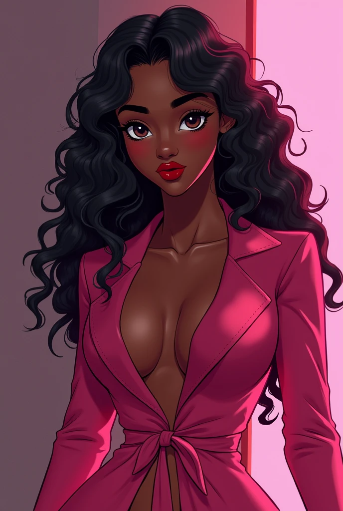 Adult woman, black skin, black wavy hair, black eyes, pink barbie styled clothes, anime style