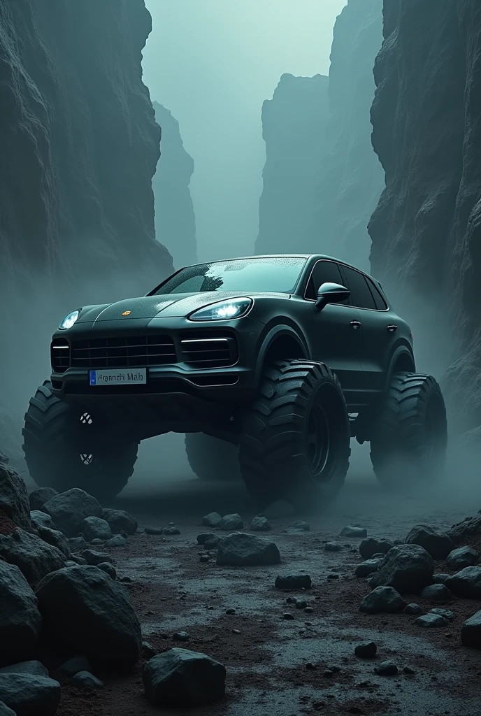 2022 (Black)(Porsche Cayenne)Horror-themed highly detailed illustration of a gigantic porsche cayenne gigantic wheels, outside in rocky terrain, very rocky, flashlight beams in the background, very dark, spooky, horror, eerie, unsettling, dark, spooky, suspenseful, grim, realism, fog, (but with) detailed retro-futuristic architecture