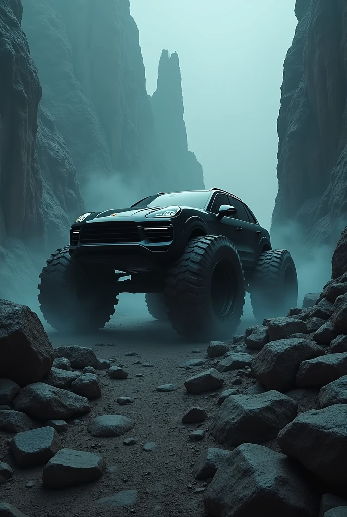 2022 (Black)(Porsche Cayenne)Horror-themed highly detailed illustration of a gigantic porsche cayenne gigantic wheels, outside in rocky terrain, very rocky, flashlight beams in the background, very dark, spooky, horror, eerie, unsettling, dark, spooky, suspenseful, grim, realism, fog, (but with) detailed retro-futuristic architecture