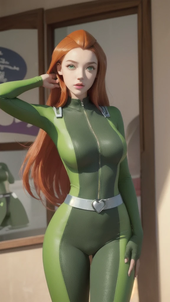 (masterpiece, best quality), 1girl, sam \(totally spies\), orange hair, Long Straight hair, green eyes, , green bodysuit, Big Breasts, belt