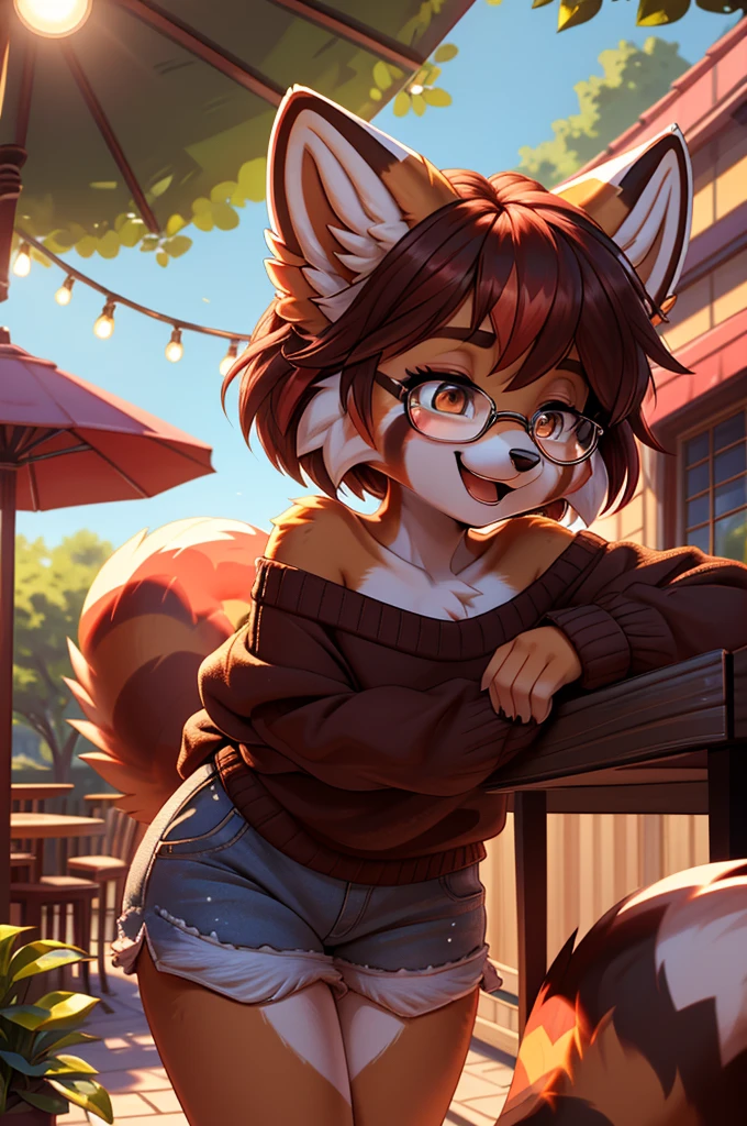 Beautiful, (masterpiece), high quality, perfect lighting, Highly detailed CG Unity 8k wallpaper, High resolution, perfect lighting, youthful, tall, slim, skinny, frail slender figure, slim legs, distinctly feminine figure, narrow hips, long legs, extreme close-up shot from below:
Species: Red Panda
Hair color: Natural russet red with subtle auburn highlights
Hair style: Messy, tousled pixie cut with playful cowlicks
Texture: Soft and fluffy, slightly wind-blown
Eye color: Large, expressive amber eyes with flecks of gold
Distinctive features: Adorable button nose with a pink undertone, delicate whiskers catching the sunlight, unusually long and luxurious eyelashes for a red panda
Fur color and pattern: Classic red panda coloration - rich russet red on top, contrasting cream underbelly, distinctive facial markings in white and black
Clothes:
Oversized, chunky knit sweater in warm ochre, slipping off one shoulder
High-waisted, distressed denim shorts with rolled cuffs
Mismatched socks - one striped in earth tones, the other with a cheerful polka dot pattern
Vintage-style leather oxfords in a warm brown
Accessories:
Round, wire-rimmed glasses perched on the edge of her nose
Assortment of colorful enamel pins on her sweater
Simple leather watch with a worn band
Small, leaf-shaped earrings crafted from recycled materials
Pose: Leaning forward slightly, elbows resting on her knees, hands cupping her face
Expression: Caught in a moment of genuine, carefree laughter - eyes crinkled, nose scrunched adorably, revealing a glimpse of pointed canines
Activity: Sharing a jovial moment with unseen friends at an outdoor café
Background: Blurred but warm tones suggesting a cozy café patio. Hints of string lights, potted plants, and the edge of a rustic wooden table visible. Golden hour sunlight filtering through leaves, casting dappled shadows.
Camera angle: Extreme close-up shot from below, focusing on the beautiful female character's laughing face. The angle emphasizes her expr