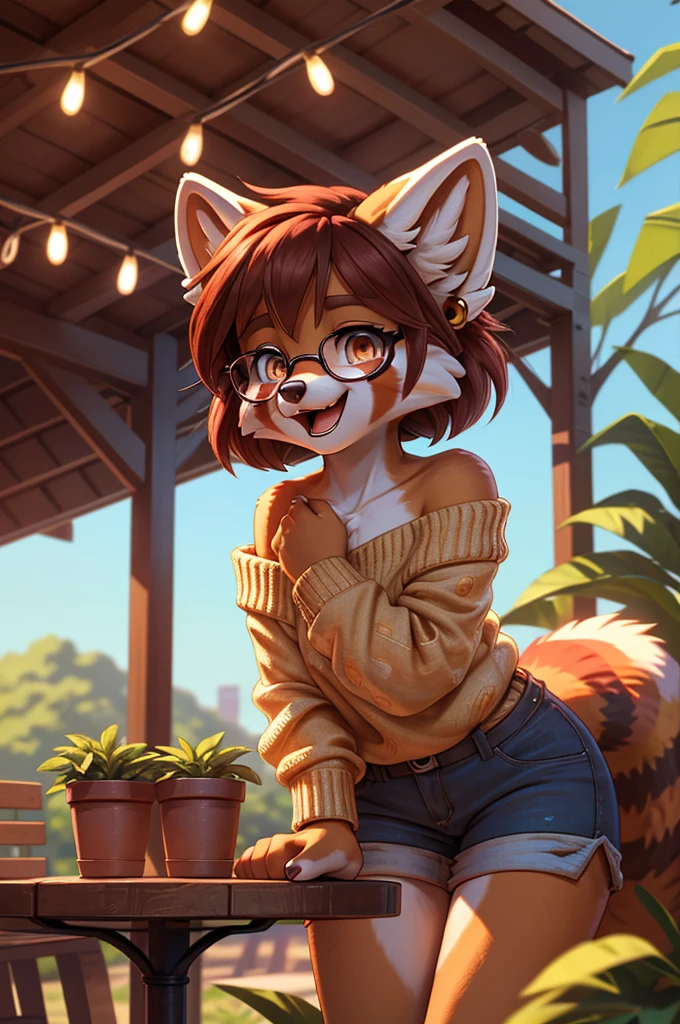 Beautiful, (masterpiece), high quality, perfect lighting, Highly detailed CG Unity 8k wallpaper, High resolution, perfect lighting, youthful, tall, slim, skinny, frail slender figure, slim legs, distinctly feminine figure, narrow hips, long legs, extreme close-up shot from below:
Species: Red Panda
Hair color: Natural russet red with subtle auburn highlights
Hair style: Messy, tousled pixie cut with playful cowlicks
Texture: Soft and fluffy, slightly wind-blown
Eye color: Large, expressive amber eyes with flecks of gold
Distinctive features: Adorable button nose with a pink undertone, delicate whiskers catching the sunlight, unusually long and luxurious eyelashes for a red panda
Fur color and pattern: Classic red panda coloration - rich russet red on top, contrasting cream underbelly, distinctive facial markings in white and black
Clothes:

Oversized, chunky knit sweater in warm ochre, slipping off one shoulder
High-waisted, distressed denim shorts with rolled cuffs
Mismatched socks - one striped in earth tones, the other with a cheerful polka dot pattern
Vintage-style leather oxfords in a warm brown

Accessories:

Round, wire-rimmed glasses perched on the edge of her nose
Assortment of colorful enamel pins on her sweater
Simple leather watch with a worn band
Small, leaf-shaped earrings crafted from recycled materials

Pose: Leaning forward slightly, elbows resting on her knees, hands cupping her face
Expression: Caught in a moment of genuine, carefree laughter - eyes crinkled, nose scrunched adorably, revealing a glimpse of pointed canines
Activity: Sharing a jovial moment with unseen friends at an outdoor café
Background: Blurred but warm tones suggesting a cozy café patio. Hints of string lights, potted plants, and the edge of a rustic wooden table visible. Golden hour sunlight filtering through leaves, casting dappled shadows.
Camera angle: Extreme close-up shot from below, focusing on the beautiful female character's laughing face. The angle emphasizes her expr