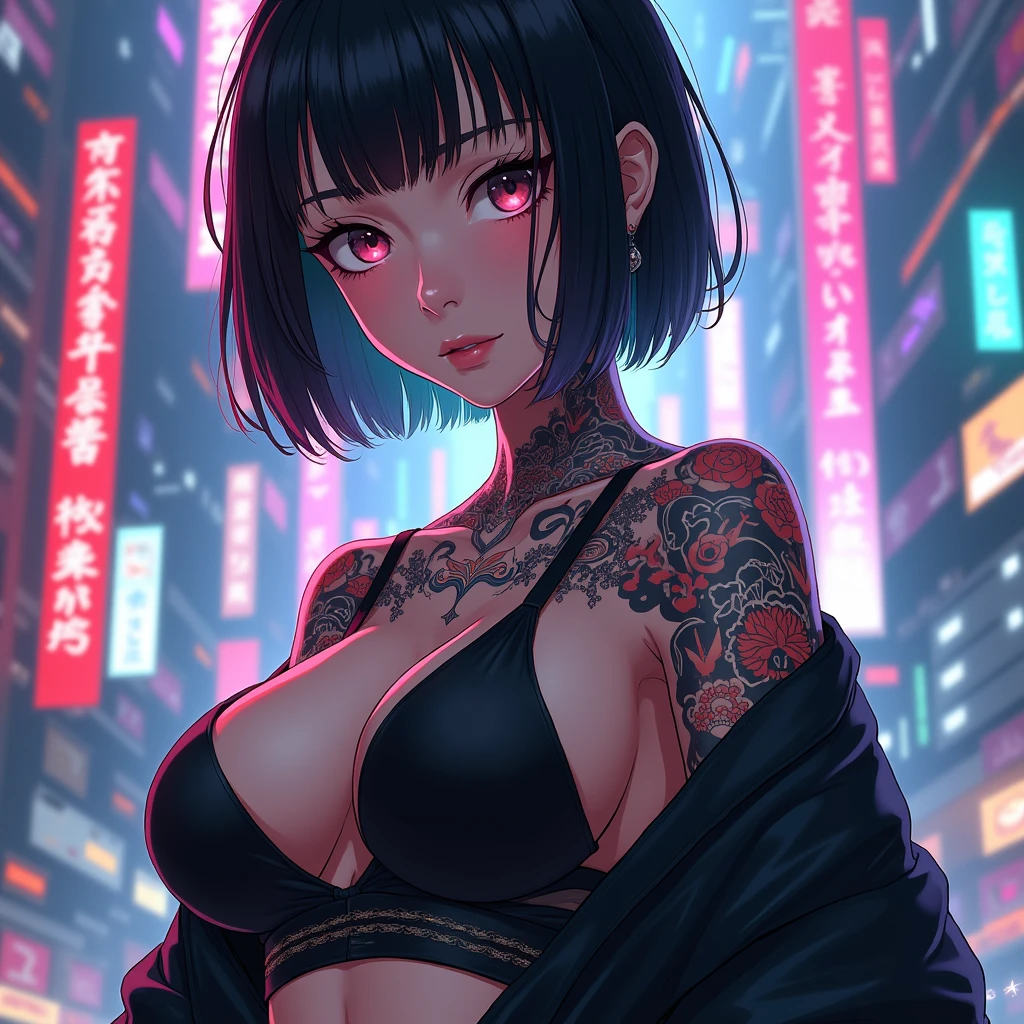 An anime character: Asian woman with oriental tattoos. Her hair is short and straight black.. She is wearing a black bra and a black kimono.. Ao fundo, a cyberpunk setting full of neons.