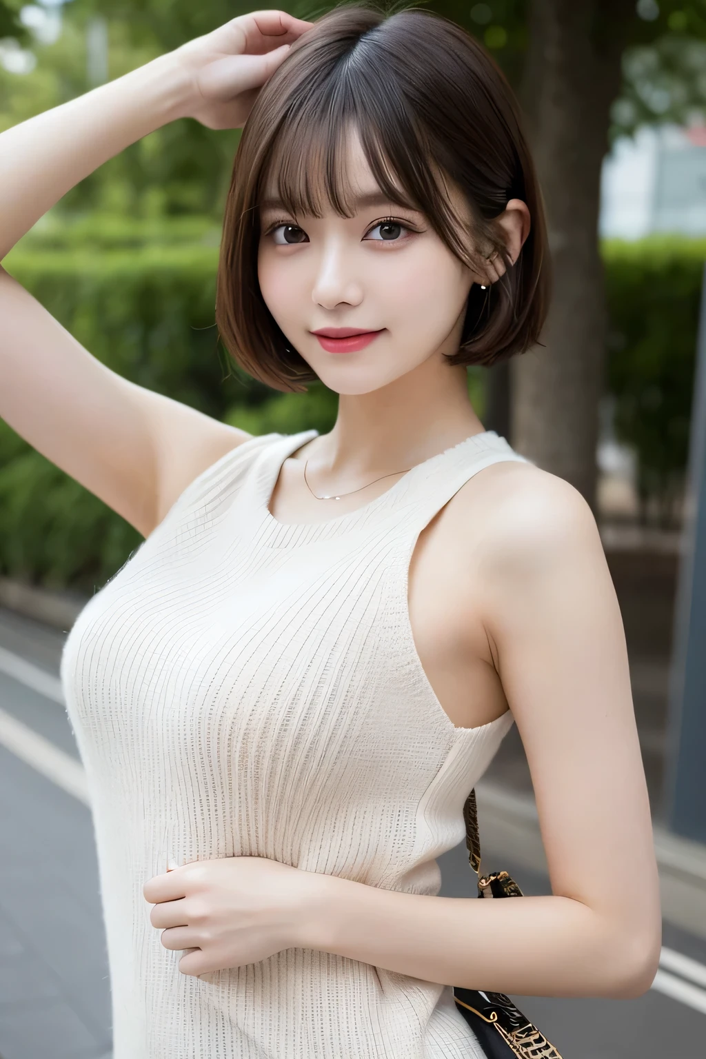 masutepiece, Best Quality, Illustration, Ultra-detailed, finely detail, hight resolution, 8K Wallpaper, Perfect dynamic composition, Beautiful detailed eyes, Women's Fashion Summer,Short bob hair,Small breasts natural color lip, Bold sexy poses,Smile,Harajuku,18 years girl,Cute,Sexy shot looking at camera,Sleeveless knitwear,White knitwear,Armpits,bura,Floral hair ornament,Large Breasts:1.8, Slim Body:1.5,