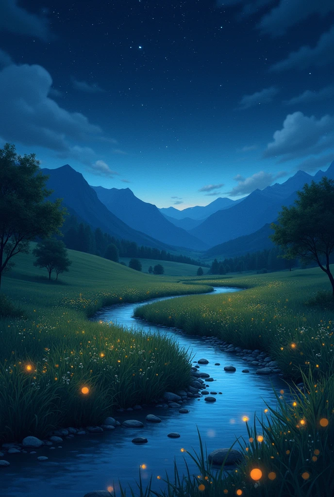 landscape　The murmur of a country stream　starry skies　firefly