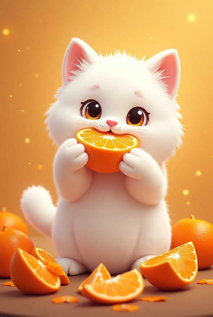 White fluffy cat in tangerines, who eats tangerines, with the inscription Murza