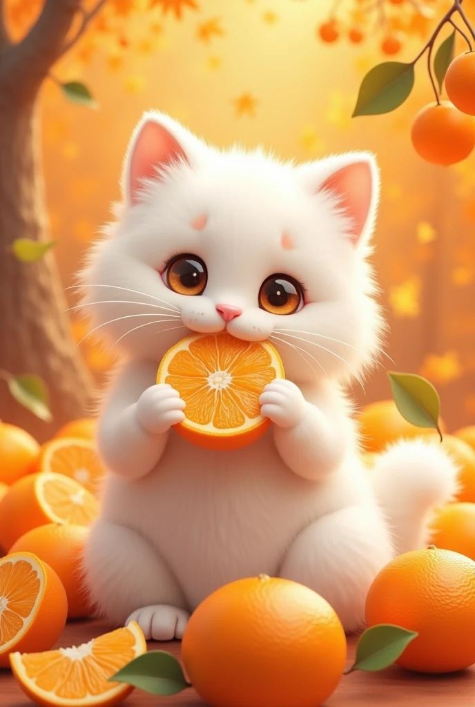 White fluffy cat in tangerines, who eats tangerines, with the inscription Murza
