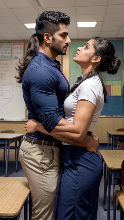 40 years old Handsome muscular AARAV GURJAR 1 in school uniform doing body play with lady, standing in classroom doing body play with lady teacher, kissing, body playing, sucking